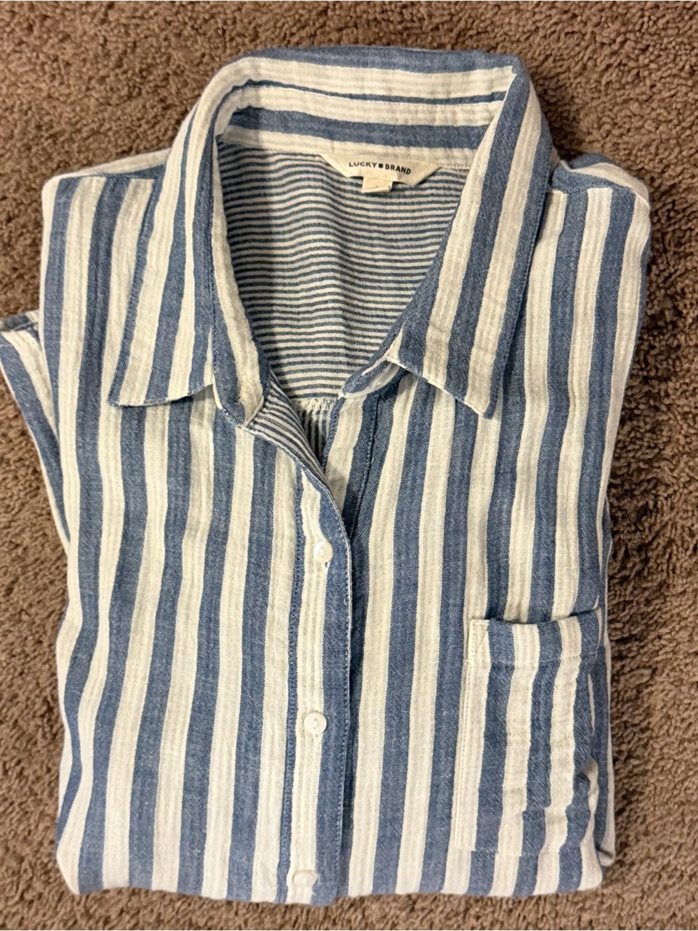 Lucky Brand Blue and White Stripe Women’s Button-Up Cotton Shirt, Size L
